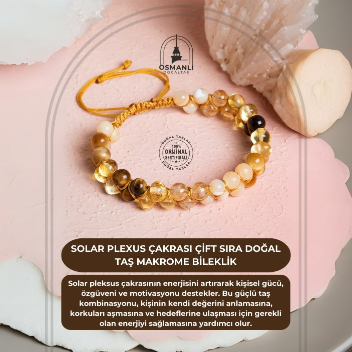 Sertifikalı Solar Plexus Çakrası Çift Sıra Doğal Taş Makrome Bileklik