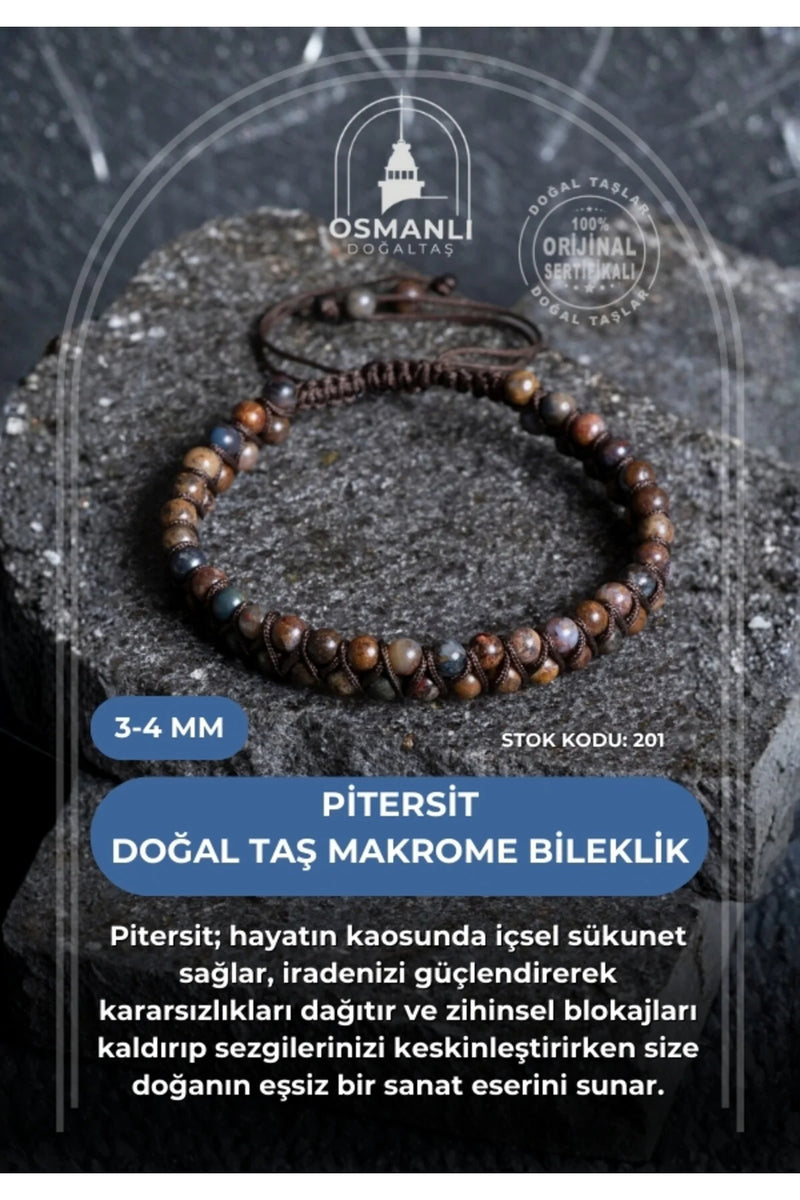 Sertifikalı Pitersit Doğal Taş Makrome Bileklik / 3-4 mm (SK:201)