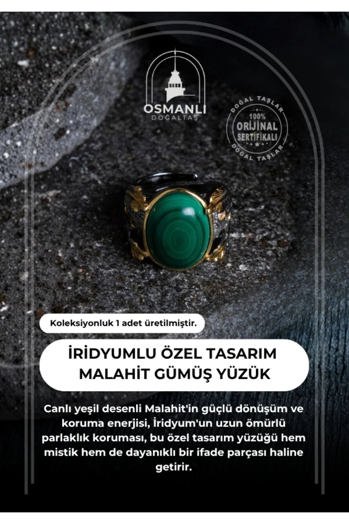 Sertifikalı Özel Tasarım İridyumlu Gümüş Malahit Yüzük (Kadın)