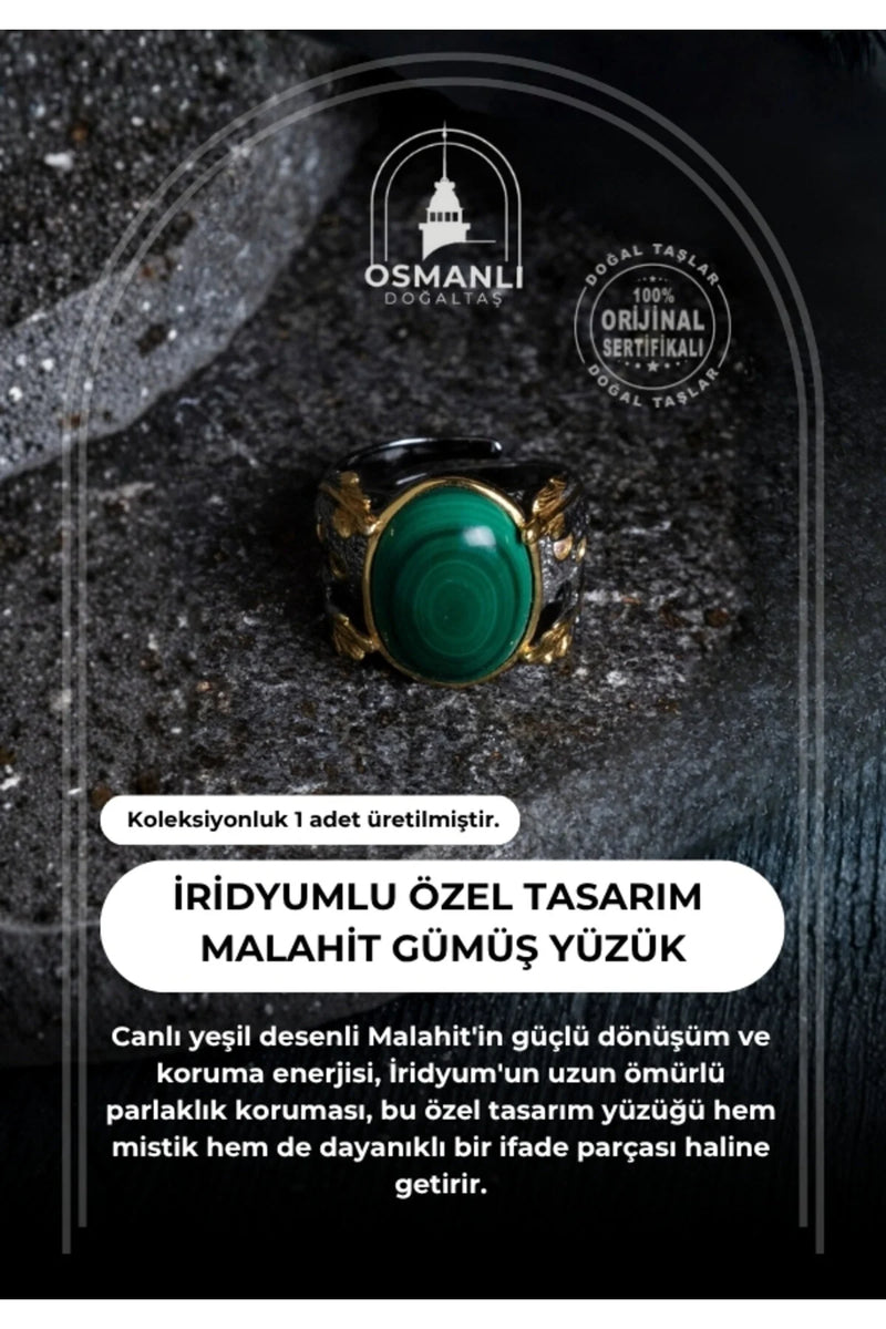 Sertifikalı Özel Tasarım İridyumlu Gümüş Malahit Yüzük (Kadın)