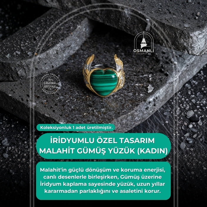 Sertifikalı Özel Tasarım İridyumlu Malahit Gümüş Yüzük (Kadın)