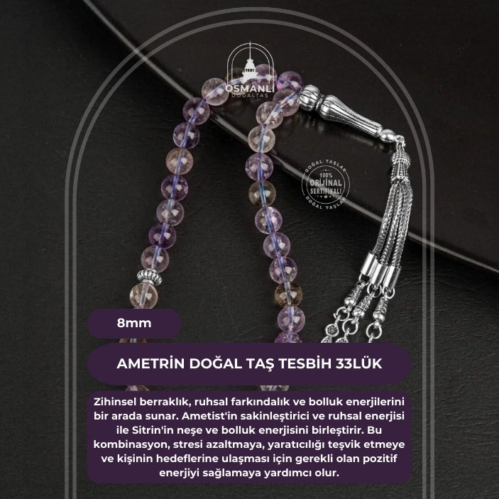 Ametrin Doğal Taş Tesbih 33lük - 8mm