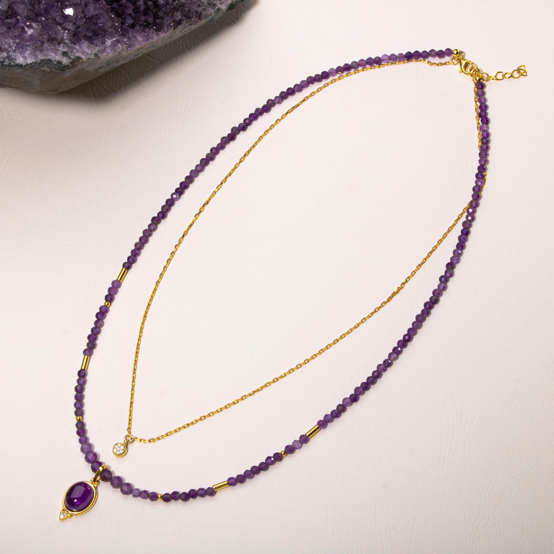 Ametist Doğal Taş Gümüş Zincir 2&#39;li Kolye