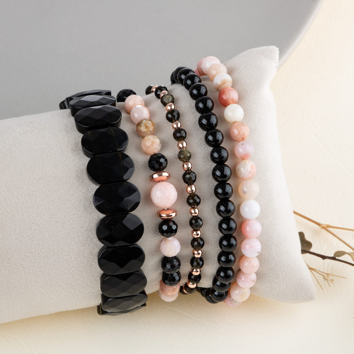 Obsidyen-Pembe Opal-Siyah Turmalin Doğal Taş Kadın Bileklik Seti