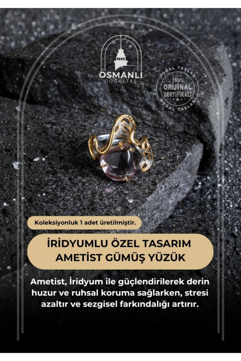 Sertifikalı İridyumlu Özel Tasarım Ametist Gümüş Yüzük (Kadın)