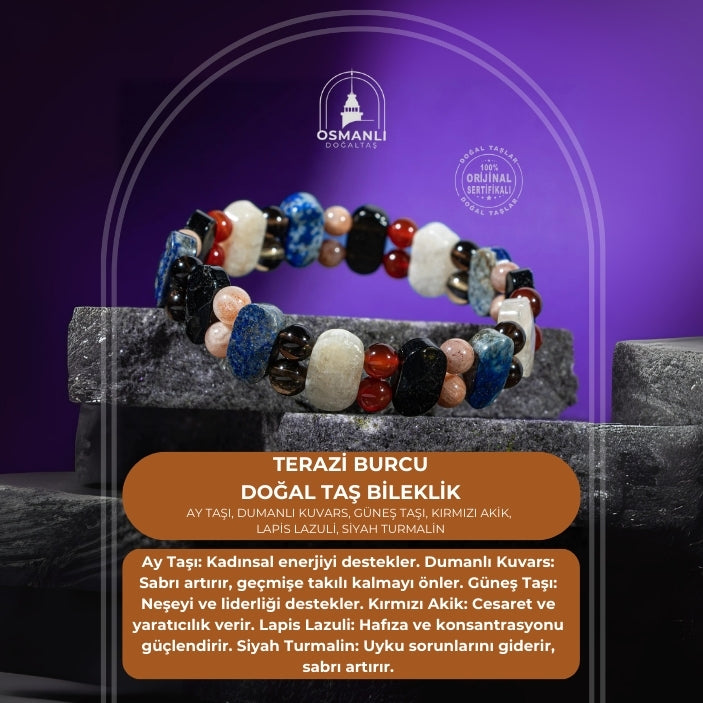 Terazi Burcu Bileklik Ay Taşı, Dumanlı Kuvars, Güneş Taşı, Kırmızı Akik, Lapis Lazuli, Siyah Turmalin