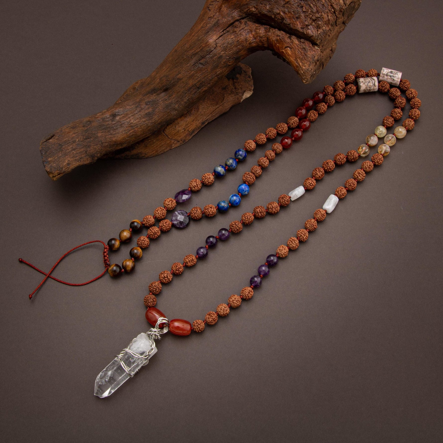Rudrashka 108 Niyet Taşı Mala Kolyesi - Ametist-Akik-Sitrin-Kaplan Gözü-Lapis-Kuvars-Ay Taşı