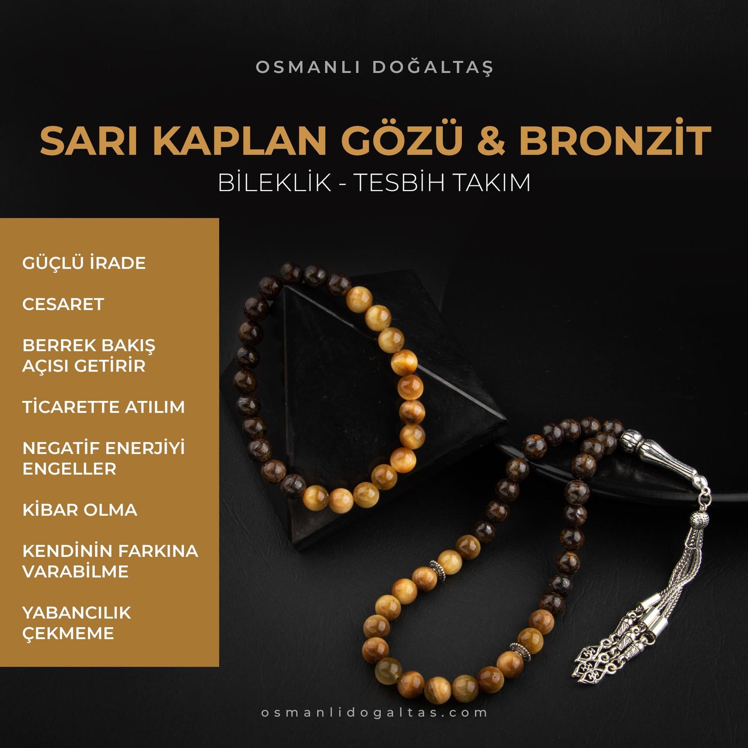 Sarı Kaplan Gözü-Bronzit Doğal Taş Tesbih Bileklik Seti