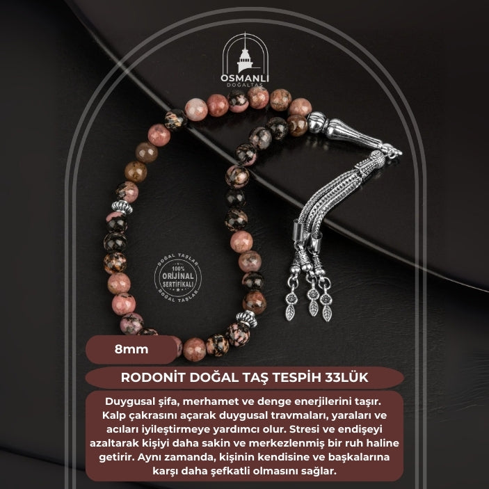 Rodonit Doğal Taş Tesbih 33lük - 8mm