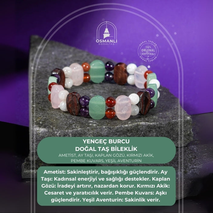 Yengeç Burcu Bileklik Ametist, Ay Taşı, Kaplan Gözü, Kırmızı Akik, Pembe Kuvars, Yeşil Aventurin