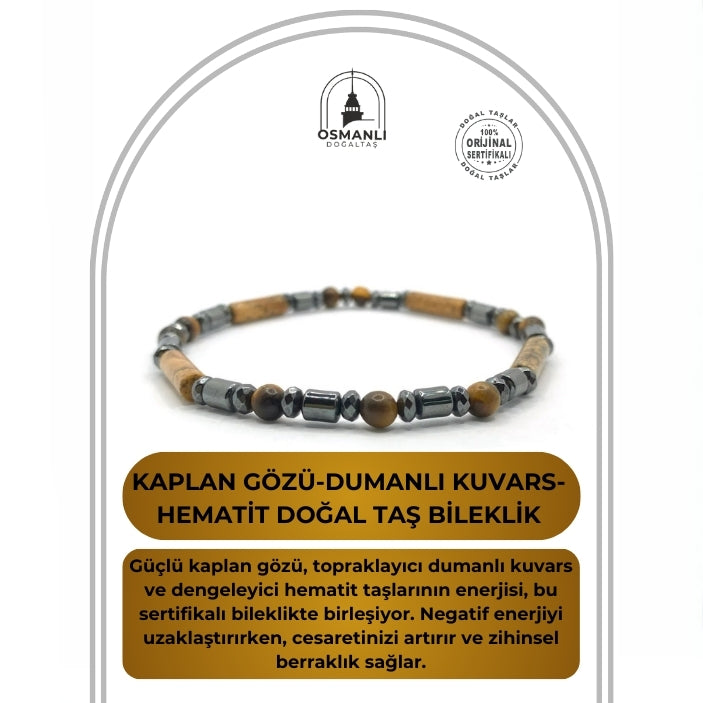 Sertifikalı Kaplan Gözü-Dumanlı Kuvars-Hematit Doğal Taş Bileklik