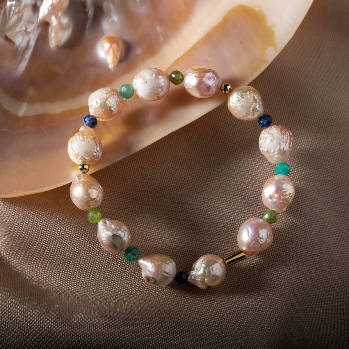 İnci-Lapis Lazuli-Amazonit-Yeşim Doğal Taş Gümüş Bileklik