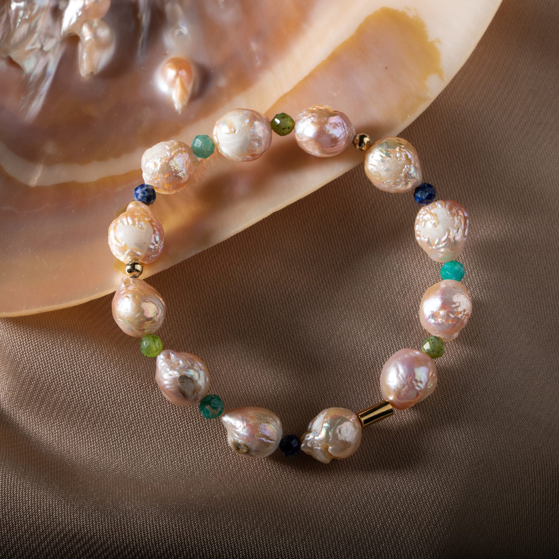 İnci-Lapis Lazuli-Amazonit-Yeşim Doğal Taş Gümüş Bileklik