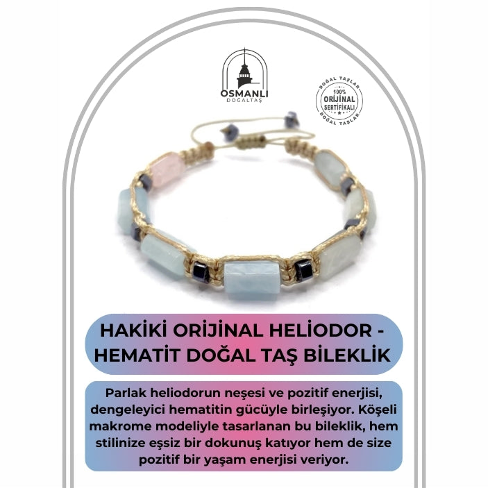 Sertifikalı Hakiki Orijinal Heliodor - Hematit  Doğal Taş İpli Bileklik (Köşeli Makrome Model)