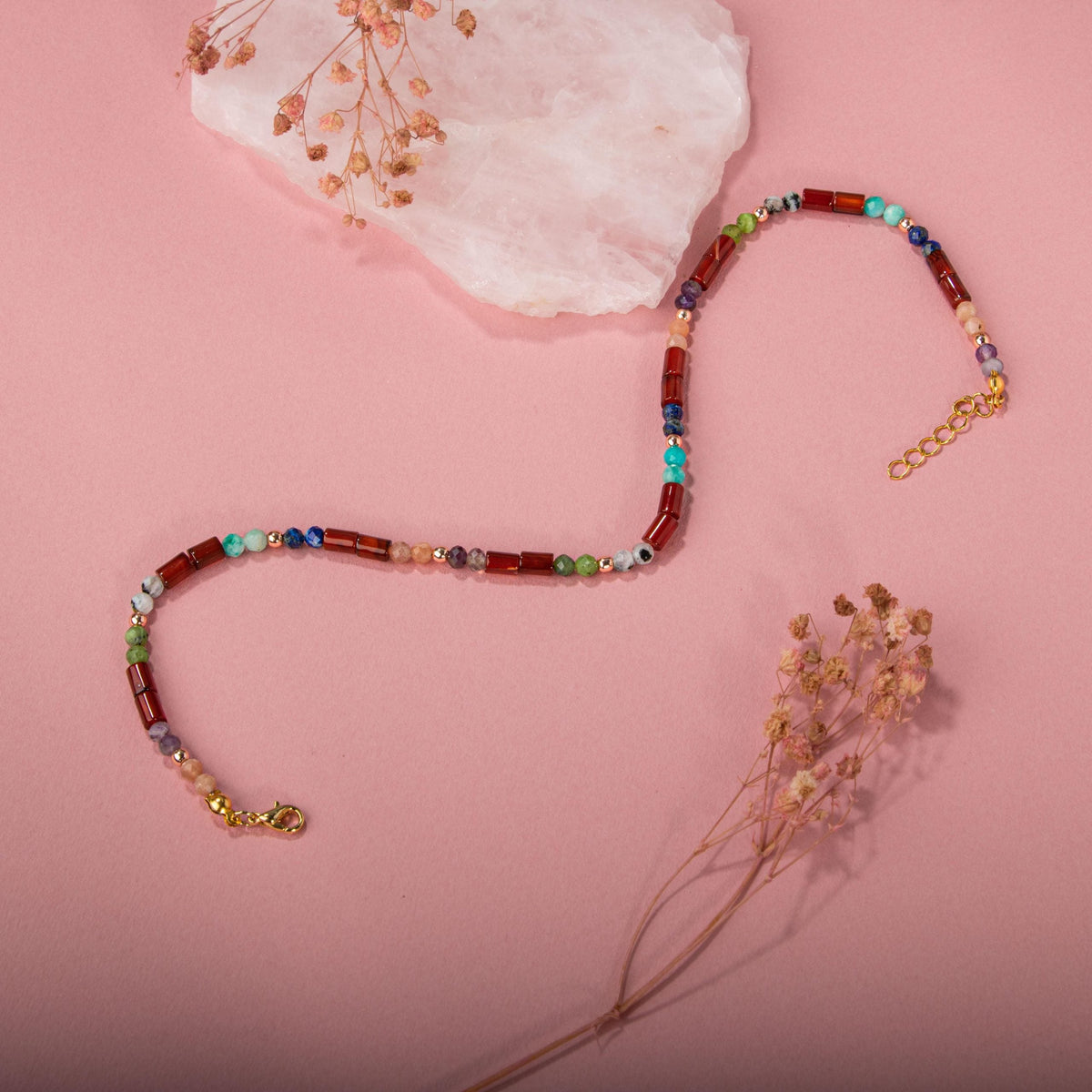 Kırmızı Akik-Ay Taşı-Ametist-Güneş Taşı-Yeşim-Amazonit Doğal Taş Bileklik