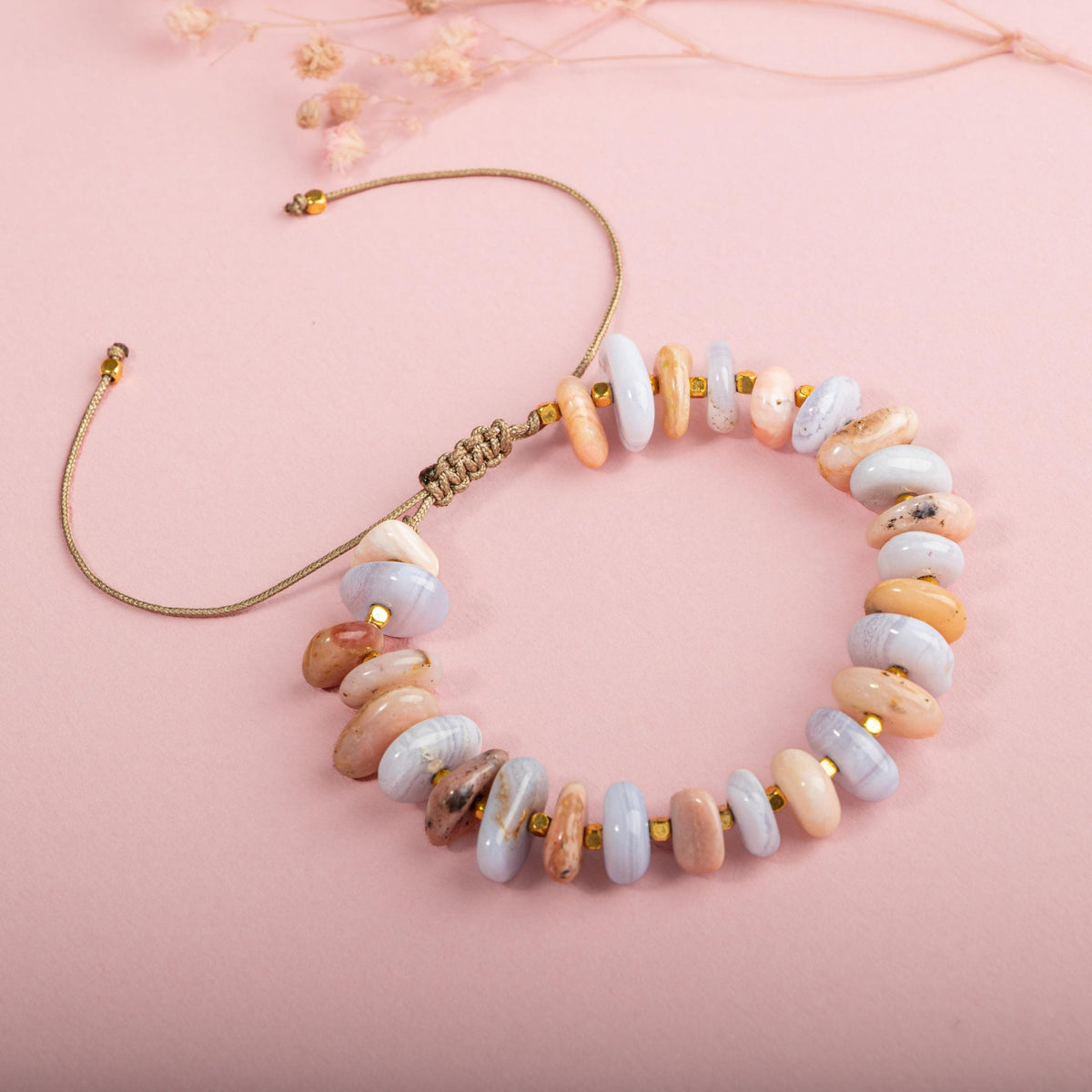 Pembe Opal-Mavi Akik Altın Kaplama Doğal Taş Bileklik