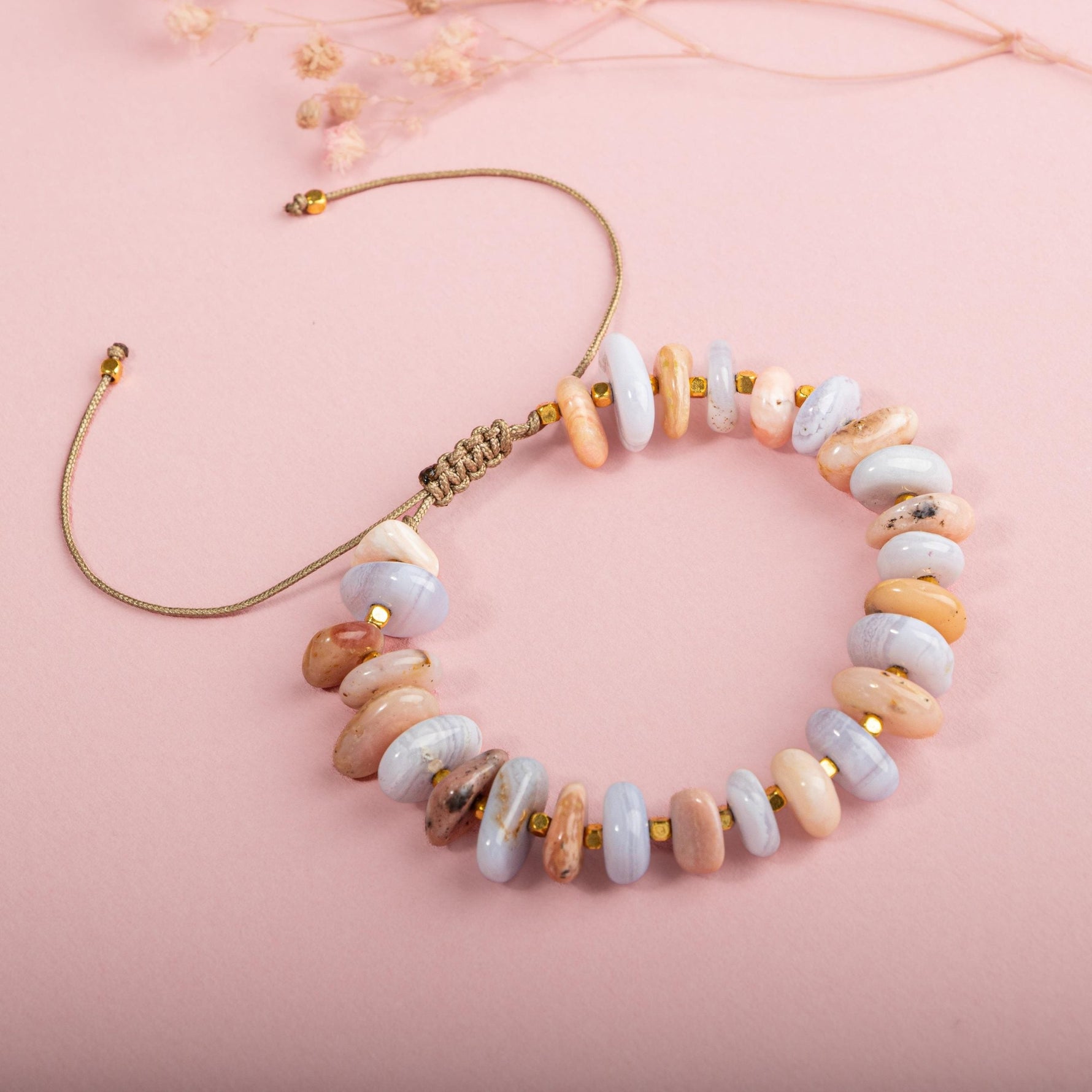 Pembe Opal-Mavi Akik Altın Kaplama Doğal Taş Bileklik