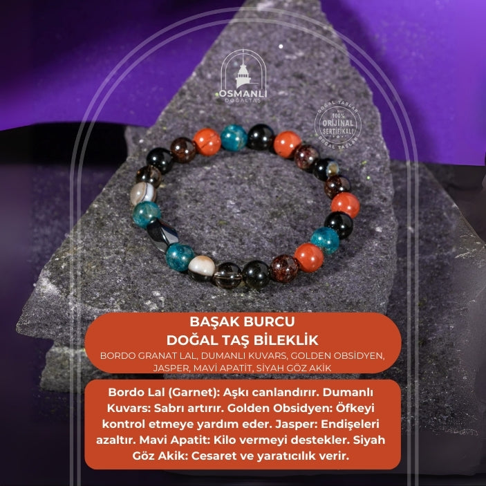 Başak Burcu Bileklik Bordo Granat Lal, Dumanlı Kuvars, Golden Obsidyen, Jasper, Mavi Apatit, Siyah Göz Akik