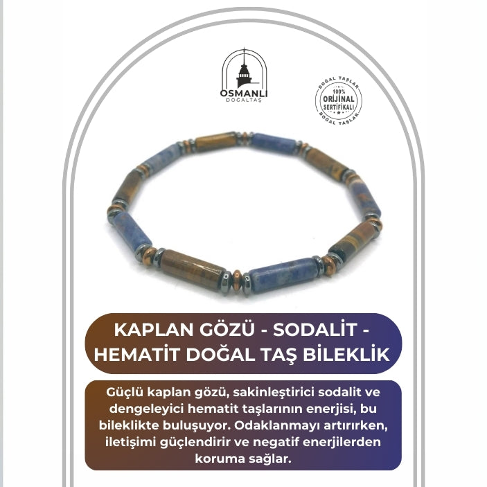 Sertifikalı Hakiki Orijinal Kaplan Gözü - Sodalit - Hematit Doğal Taş Misinalı Bileklik