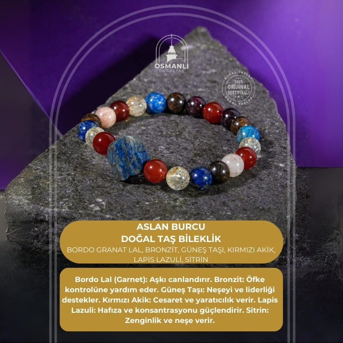 Aslan Burcu Bileklik Bordo Granat Lal, Bronzit, Güneş Taşı, Kırmızı Akik, Lapis Lazuli, Sitrin