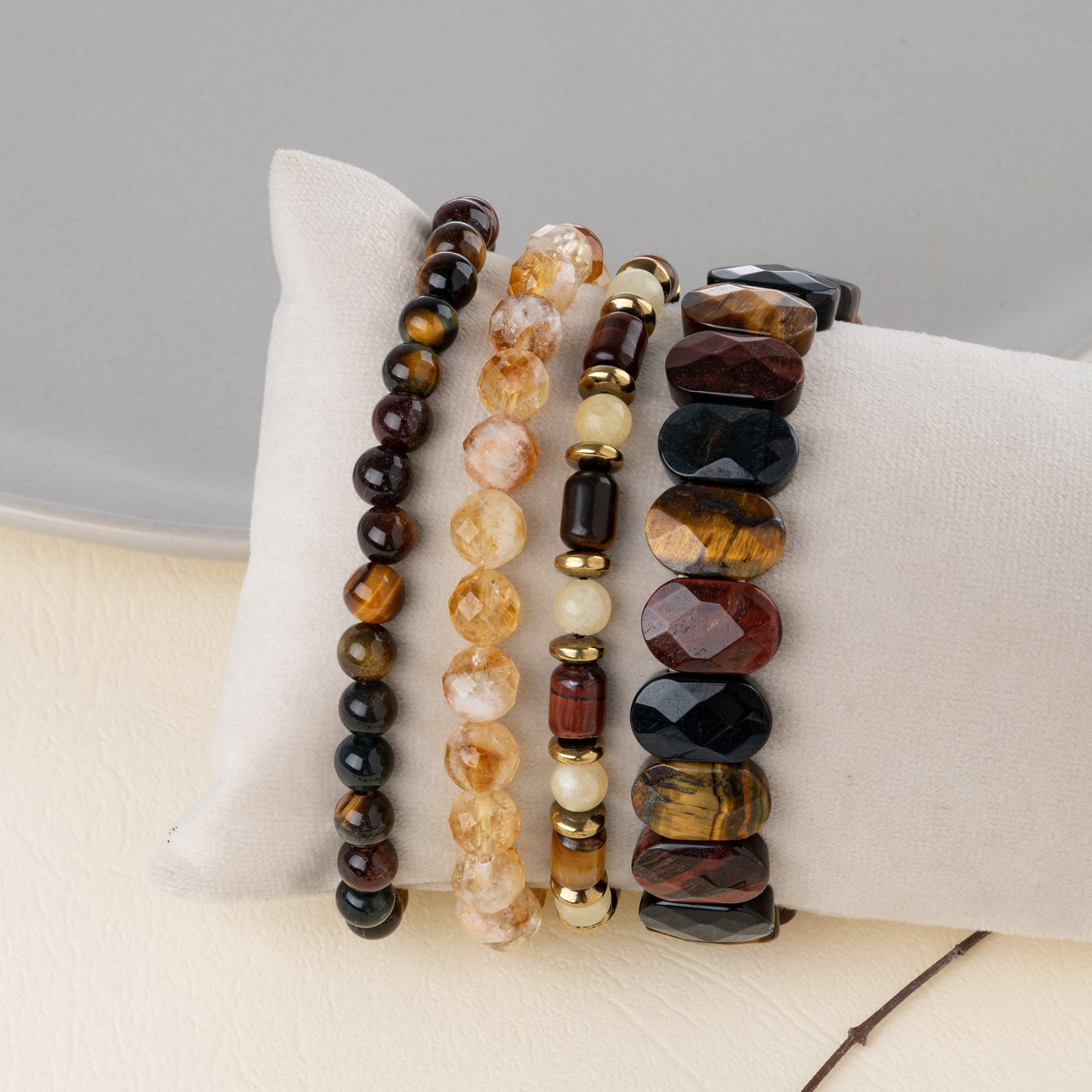 Kaplan Gözü-Kalsit-Sitrin-Hematit Doğal Taş Kadın Bileklik Seti