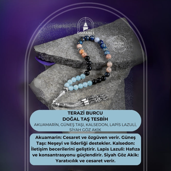 Terazi Burcu Tesbih Akuamarin, Güneş Taşı, Kalsedon, Lapis Lazuli, Siyah Göz Akik