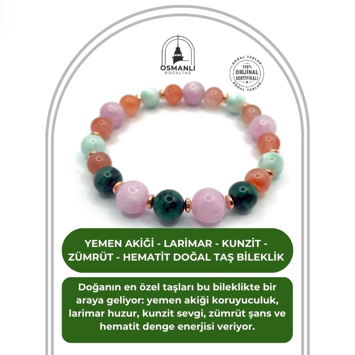 Hakiki Orijinal Sertifikalı Yemen Akiği - Larimar - Kunzit - Zümrüt - Hematit Doğal Taş Misinalı Bileklik