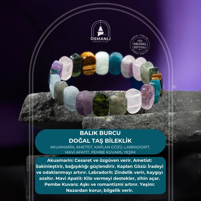 Balık Burcu Bileklik Akuamarin, Ametist, Kaplan Gözü, Labradorit, Mavi Apatit, Pembe Kuvars, Yeşim