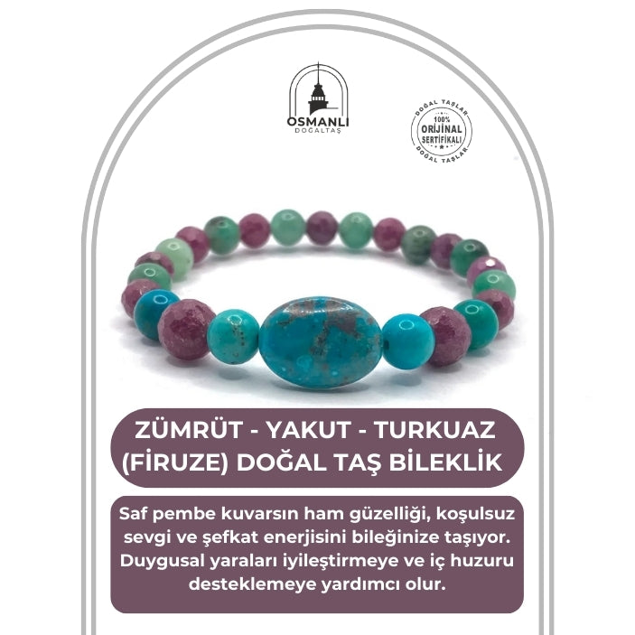 Hakiki Doğal Sertifikalı Zümrüt - Yakut - Turkuaz (Firuze) Doğal Taş Misinalı Bileklik Fasetli 6mm
