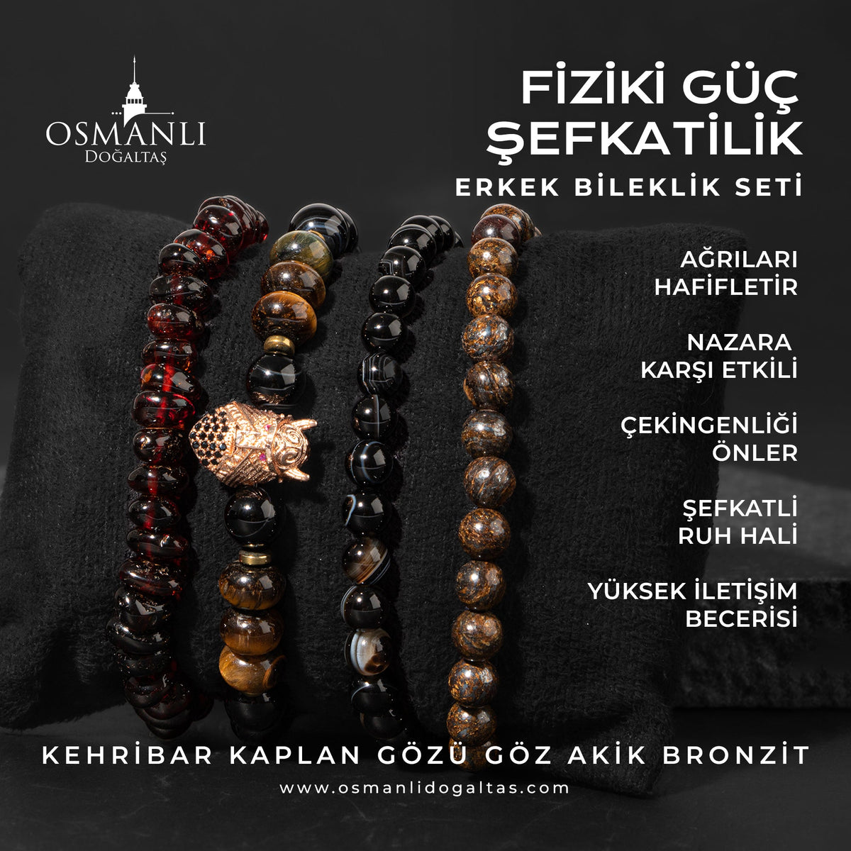 Fiziki Güç Şefkat Doğal Taş Erkek Bileklik Seti