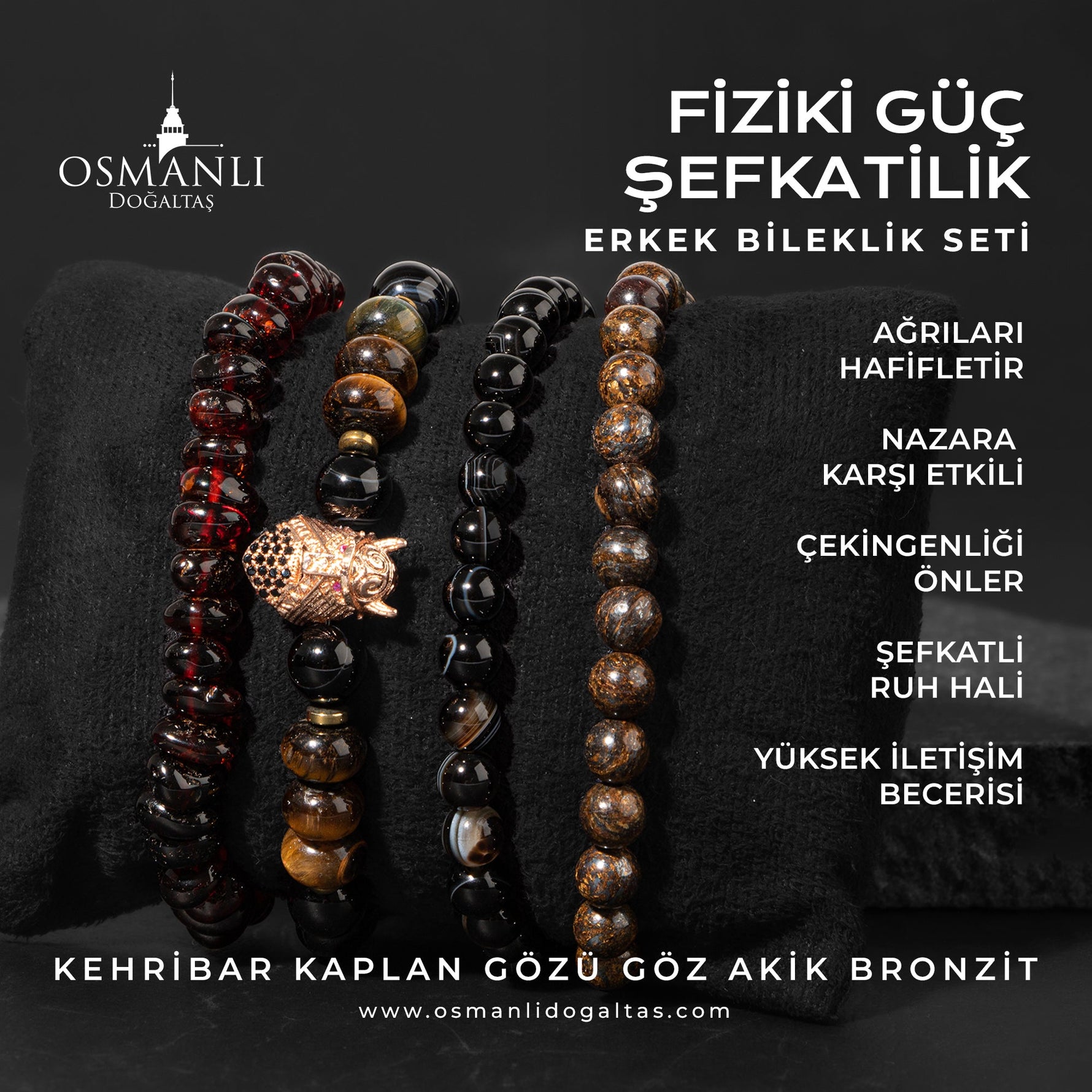 Fiziki Güç Şefkat Doğal Taş Erkek Bileklik Seti