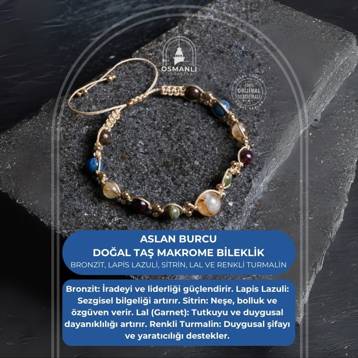 Sertifikalı  Doğal Taş Makrome Bileklik-Aslan Burcu