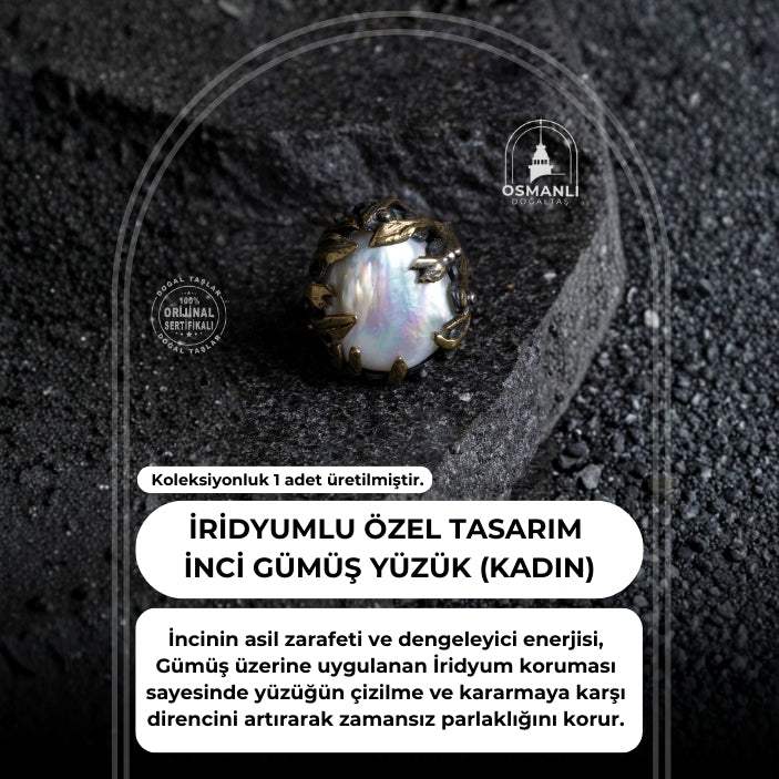 Sertifikalı Özel Tasarım İridyumlu İnci Gümüş Yüzük (Kadın)
