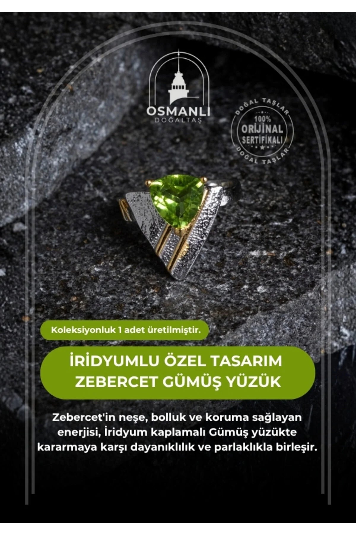 Sertifikalı Özel Tasarım İridyumlu Zebercet Gümüş Yüzük (Kadın)
