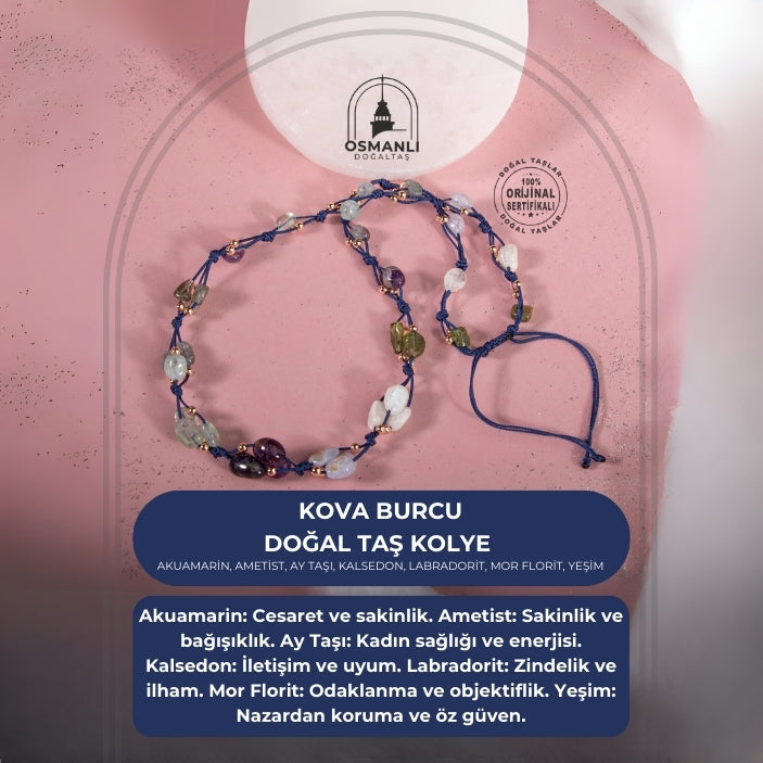 Kova Burcu Kolye Akuamarin, Ametist, Ay Taşı, Kalsedon, Labradorit, Mor Florit, Yeşim