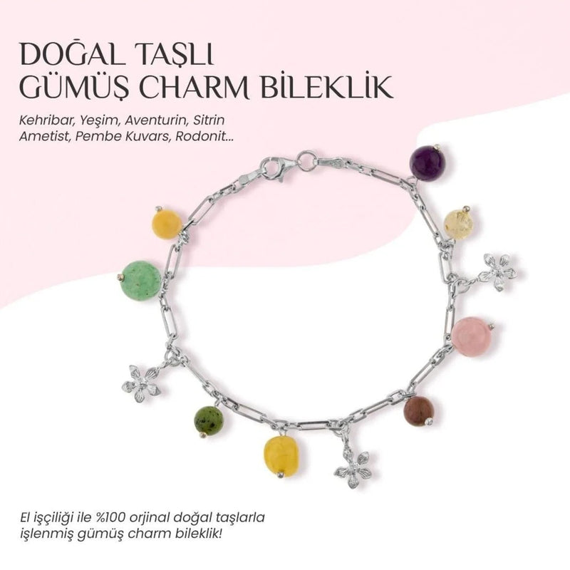 Ametist-Sitrin-Pembe Kuvars-Aventurin-Kalsit-Yeşim-Kehribar Doğal Taş Gümüş Bileklik