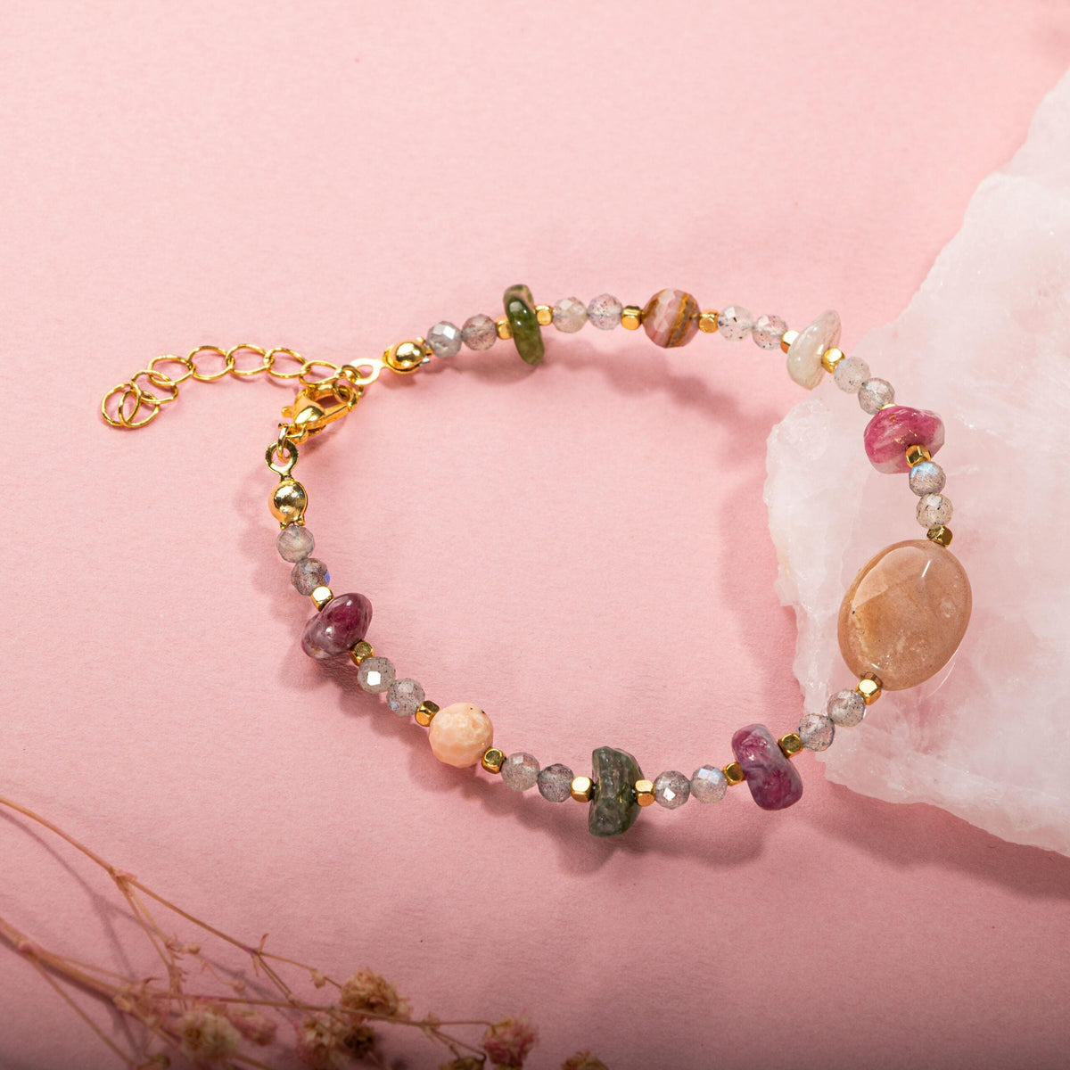 Labradorit-Renkli Turmalin-Güneş Taşı-Pembe Opal Doğal Taş Bileklik