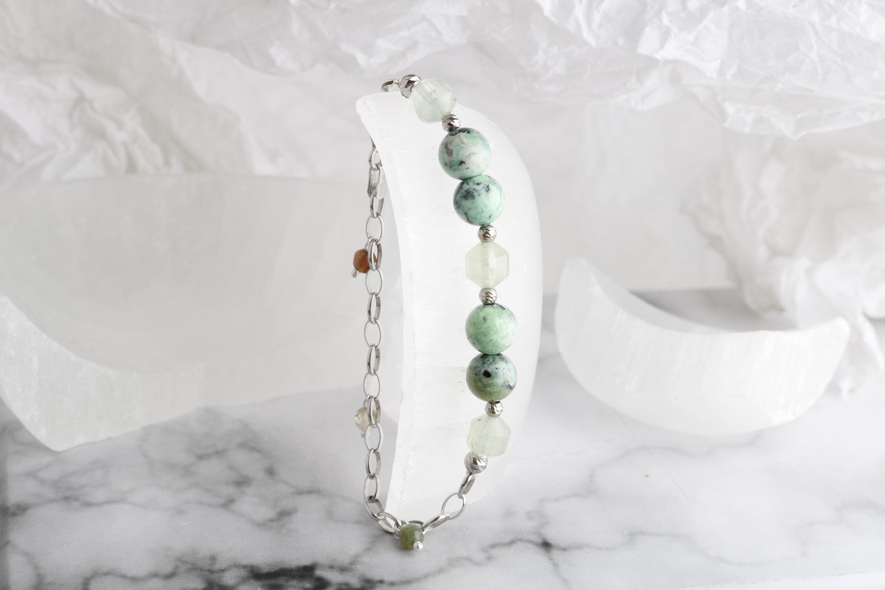 Amazonya, İspanyol Varisit-Prehneit-Akik Doğal Taş Gümüş Bileklik