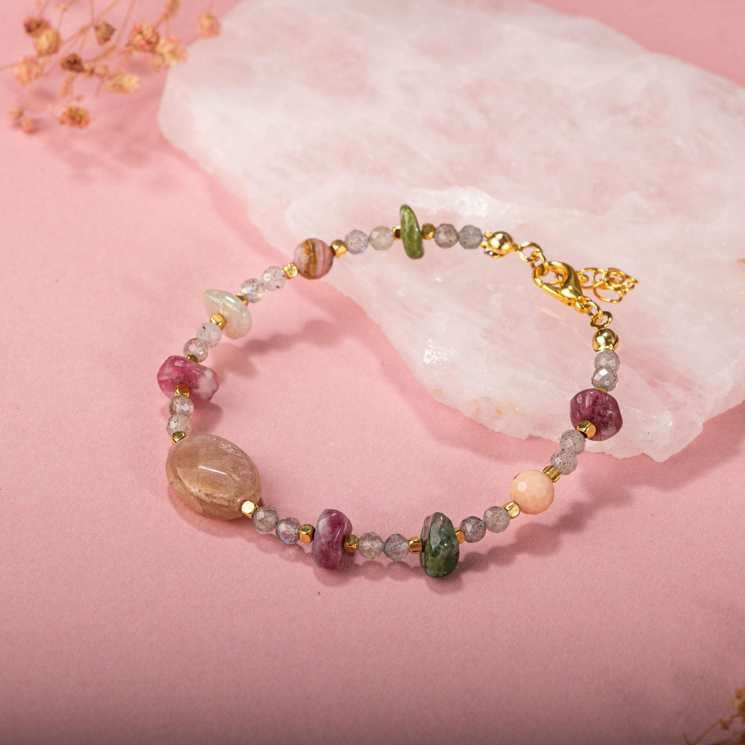 Labradorit-Renkli Turmalin-Güneş Taşı-Pembe Opal Doğal Taş Bileklik