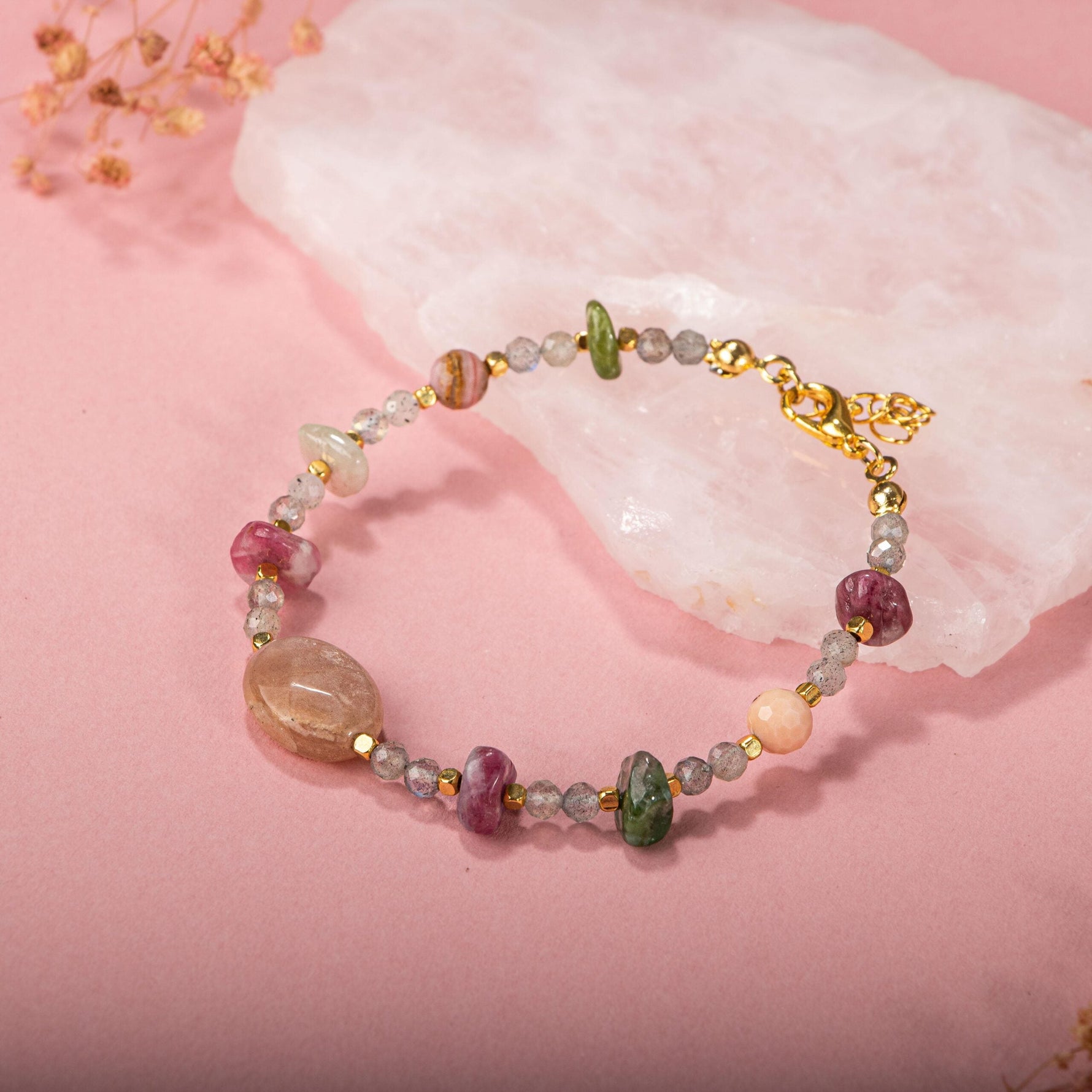 Labradorit-Renkli Turmalin-Güneş Taşı-Pembe Opal Doğal Taş Bileklik