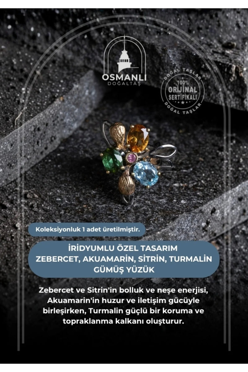 Sertifikalı İridyumlu Zebercet, Akuamarin, Sitrin, Turmalin Gümüş Özel Tasarım Yüzük (Kadın)
