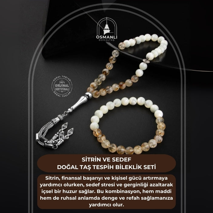 Sitrin-Sedef Doğal Taş Tesbih Bileklik Seti
