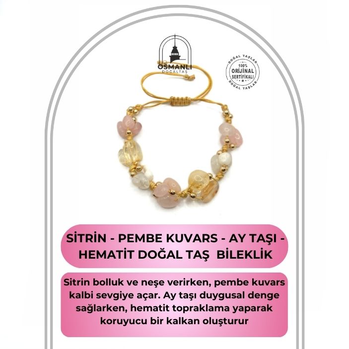 Sertifikalı Hakiki Orijinal Sitrin - Pembe Kuvars - Ay Taşı - Hematit Doğal Taş İpli Merdiven Kapama Bileklik
