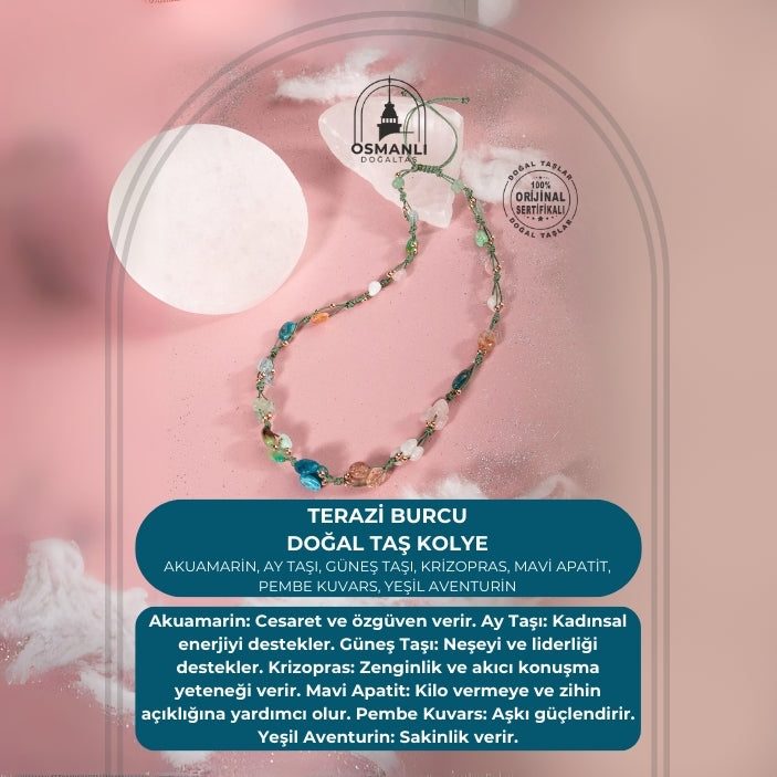Terazi Burcu Kolye Akuamarin, Ay Taşı, Güneş Taşı, Krizopras, Mavi Apatit, Pembe Kuvars, Yeşil Aventurin