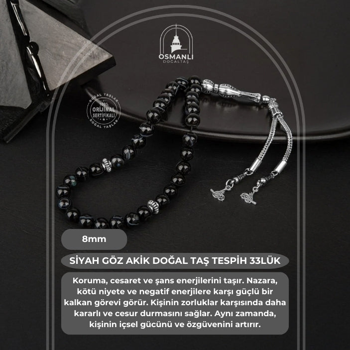 Siyah Göz Akik Doğal Taş Tesbih 33lük - 8mm
