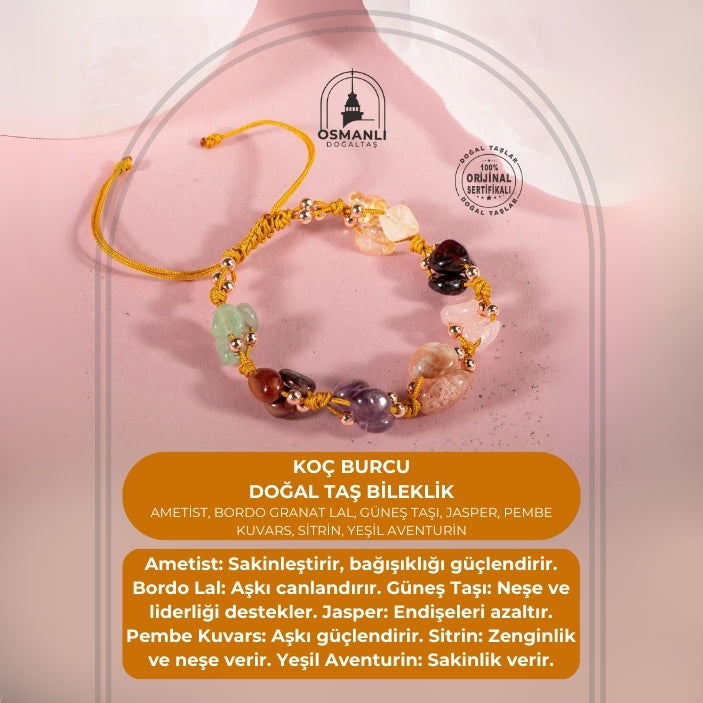 Koç Burcu Bileklik Ametist, Bordo Granat Lal, Güneş Taşı, Jasper, Pembe Kuvars, Sitrin, Yeşil Aventurin