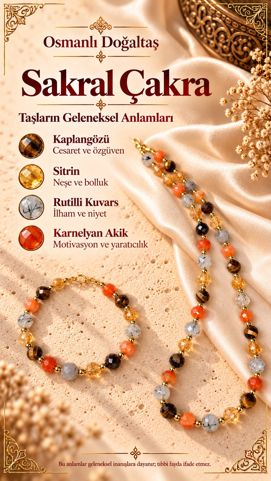 Sakral Çakra Doğal Taş Kolye & Bileklik Seti Kaplan Gözü - Sitrin - Rutilli Kuvars - Karnelyan Akik