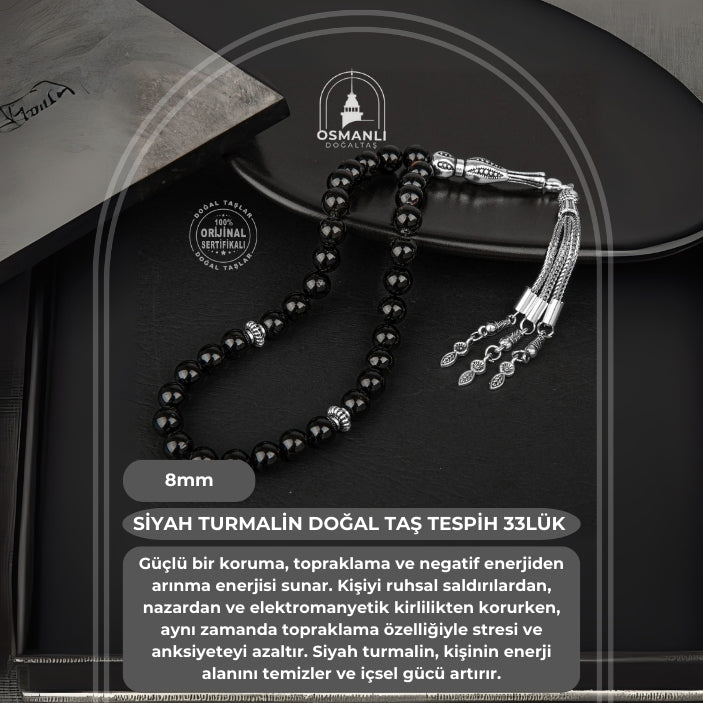 Siyah Turmalin Doğal Taş Tesbih 33lük - 8mm