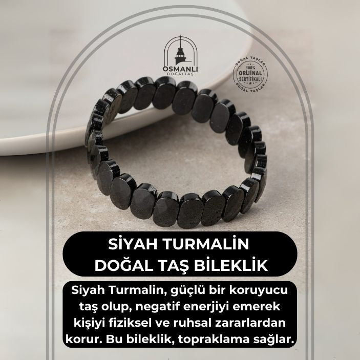 Siyah Turmalin Doğal Taş Geniş Kesim Bileklik
