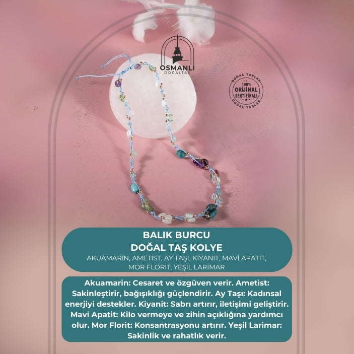 Sertifikalı Balık Burcu Kolye Akuamarin, Ametist, Ay Taşı, Kiyanit, Mavi Apatit, Mor Florit, Yeşil Larimar